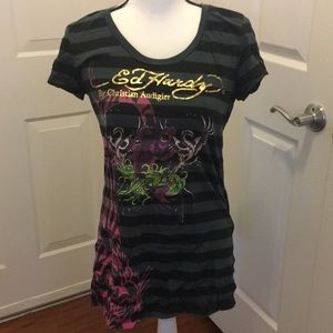 Ed Hardy black and gray striped shirt